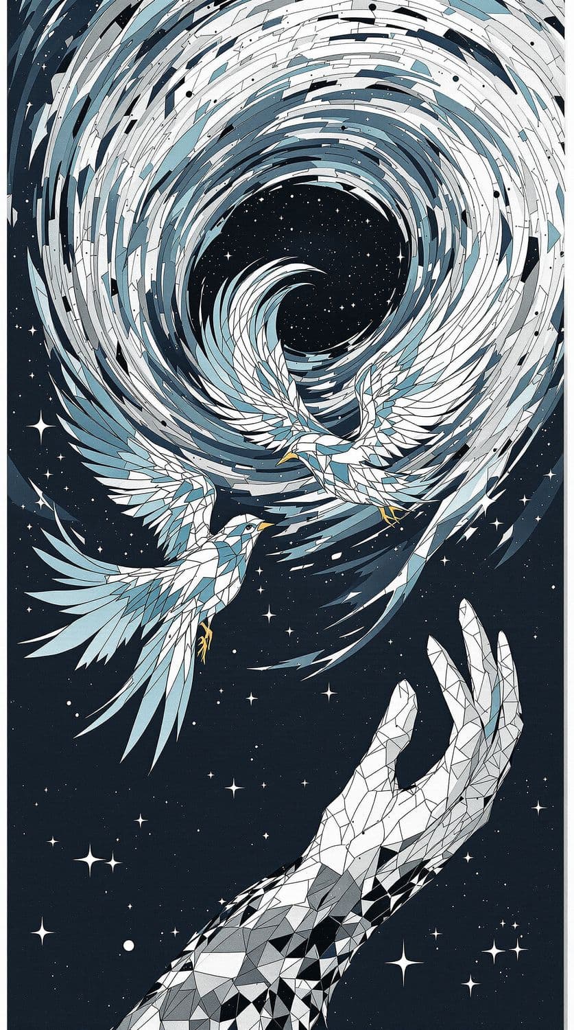 Mosaic Birds in a Stormy Cyclone