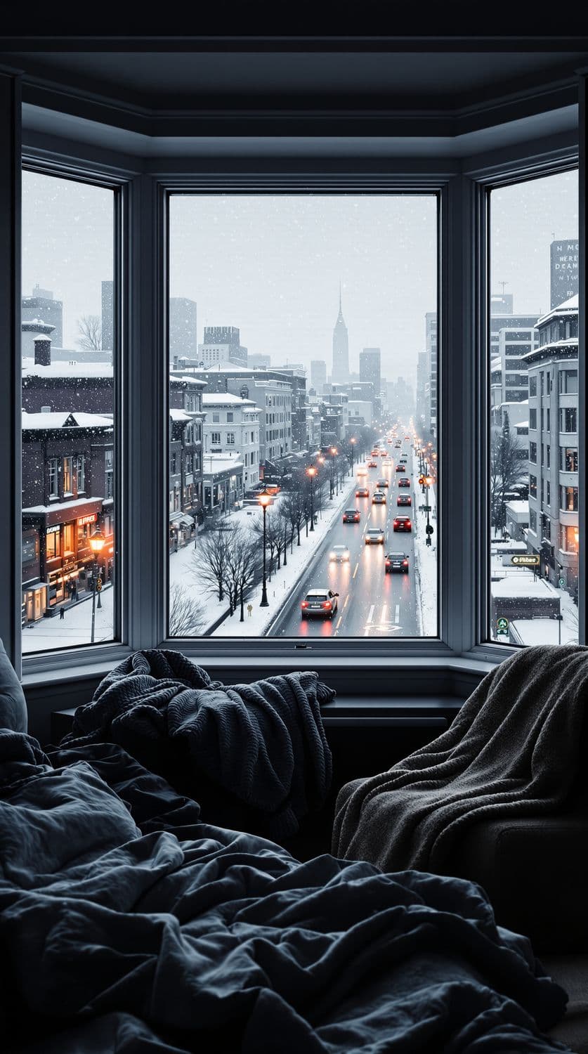 Snowy Cityscape from a Cozy Living Room