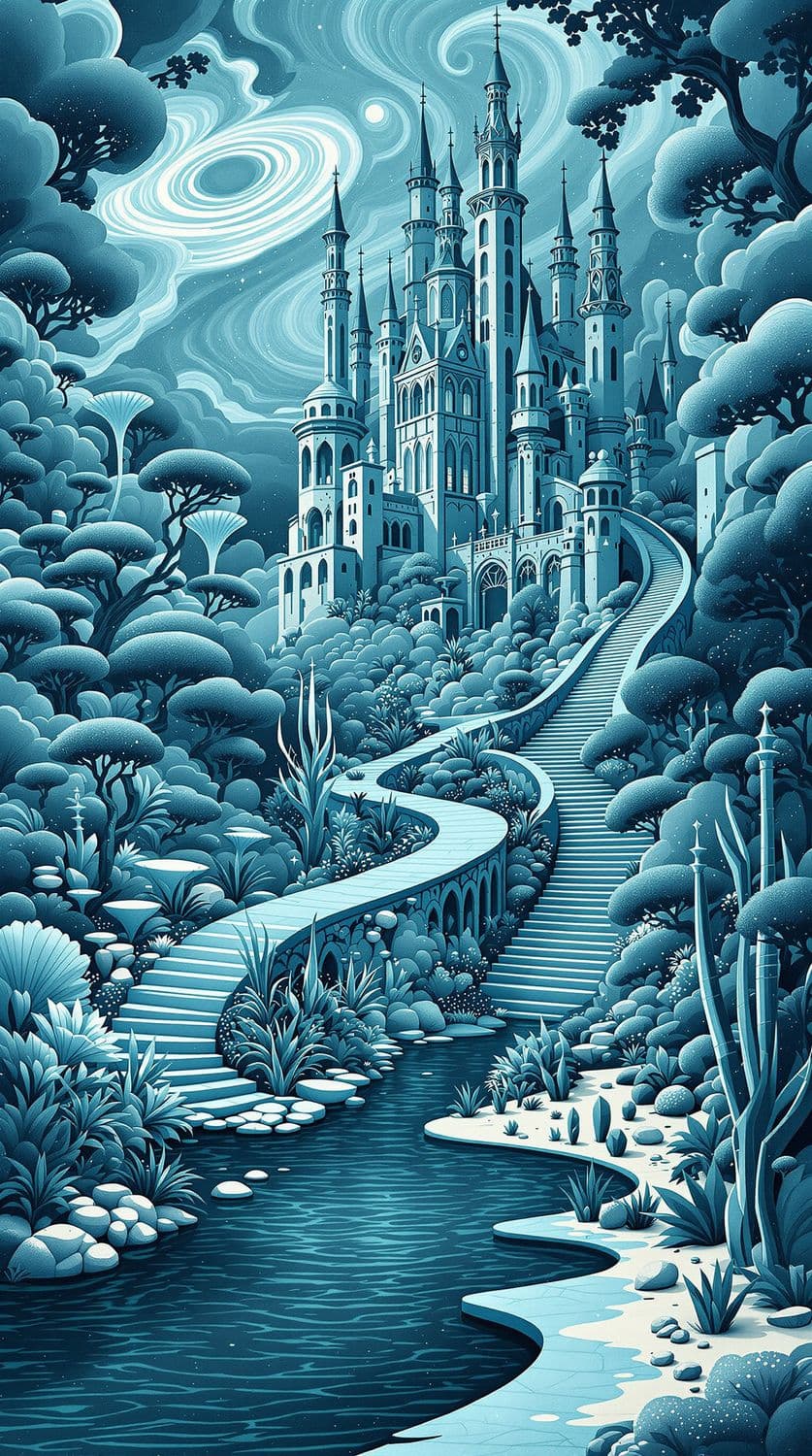 Blue Dreamscape with Enchanted Castle