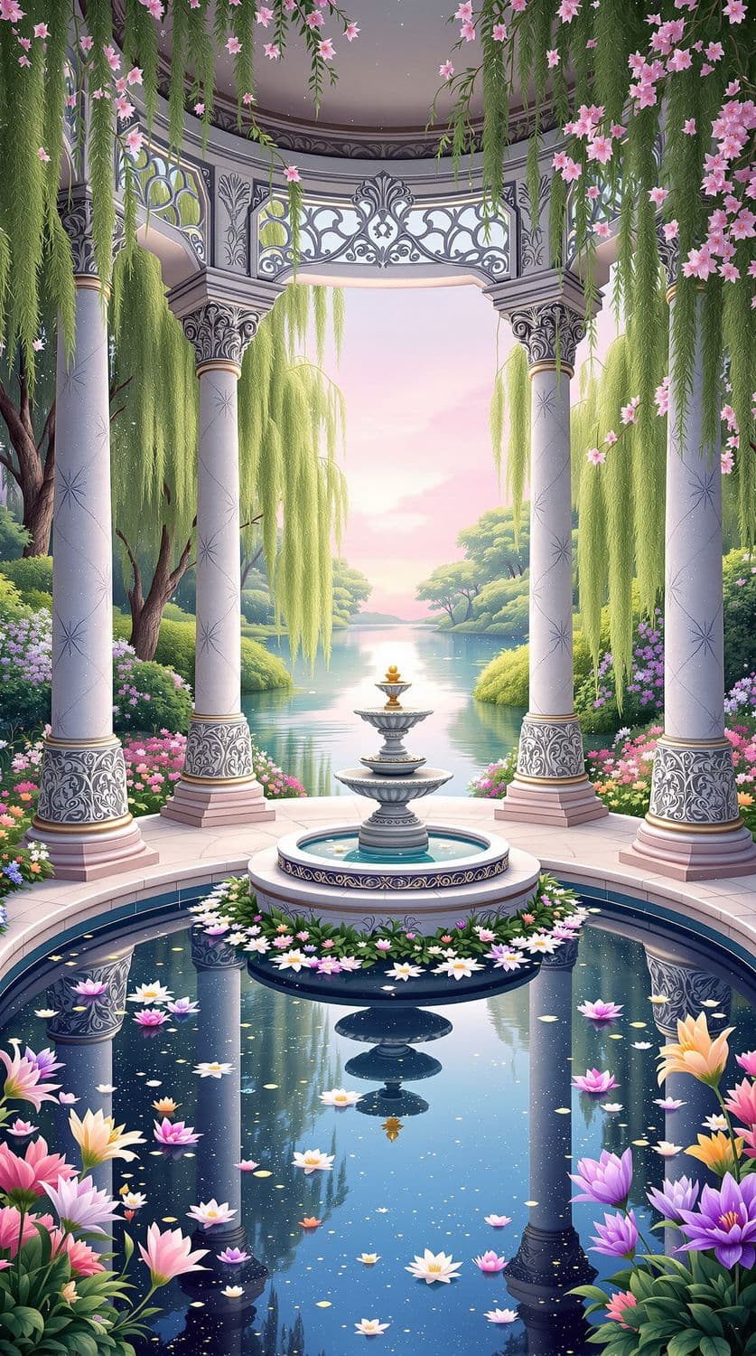 Lakeside Gazebo with Water Lilies