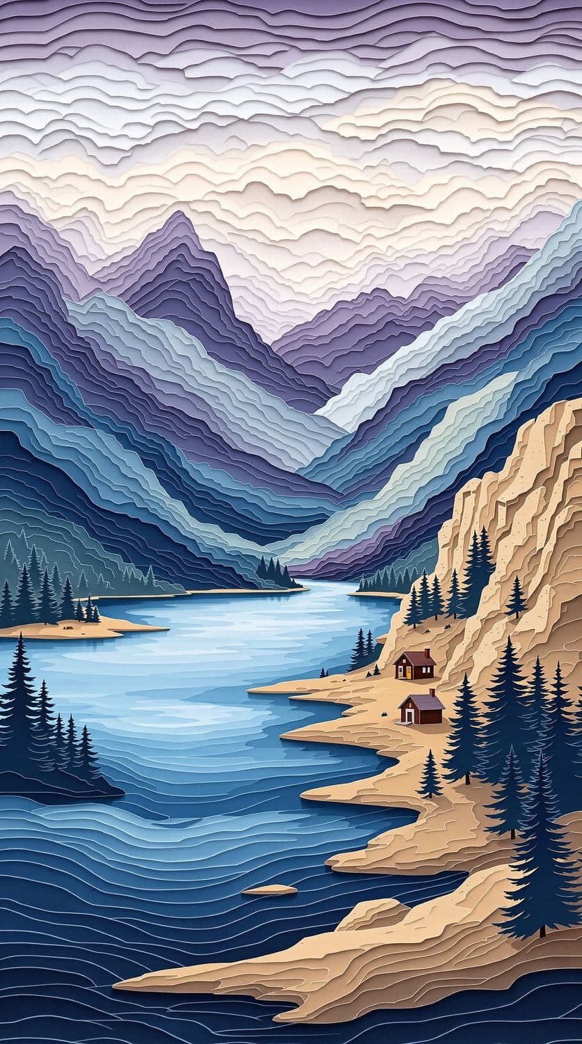 Layered Paper-Cut Mountain Serenity