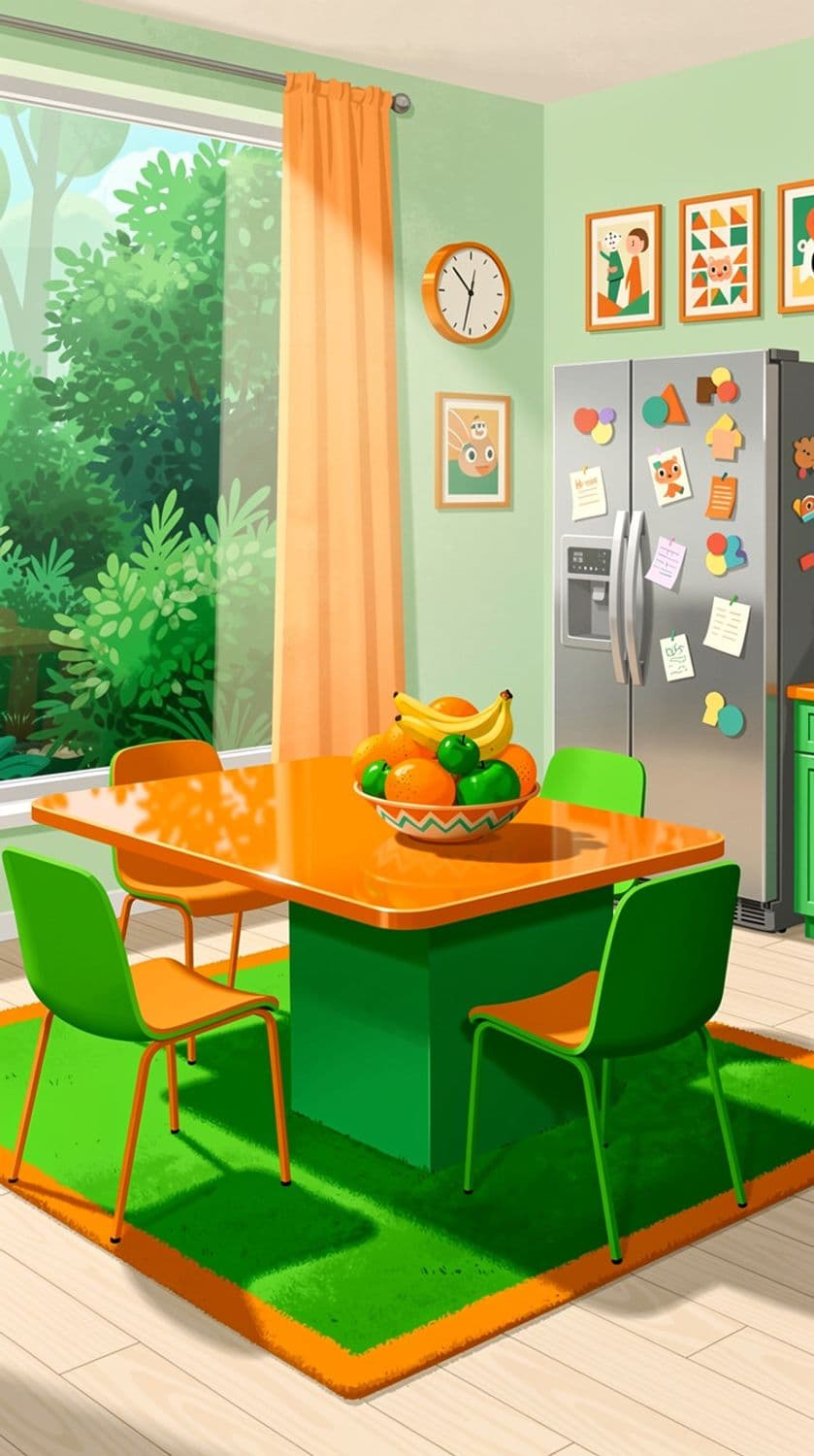 Whimsical Green and Orange Kitchen