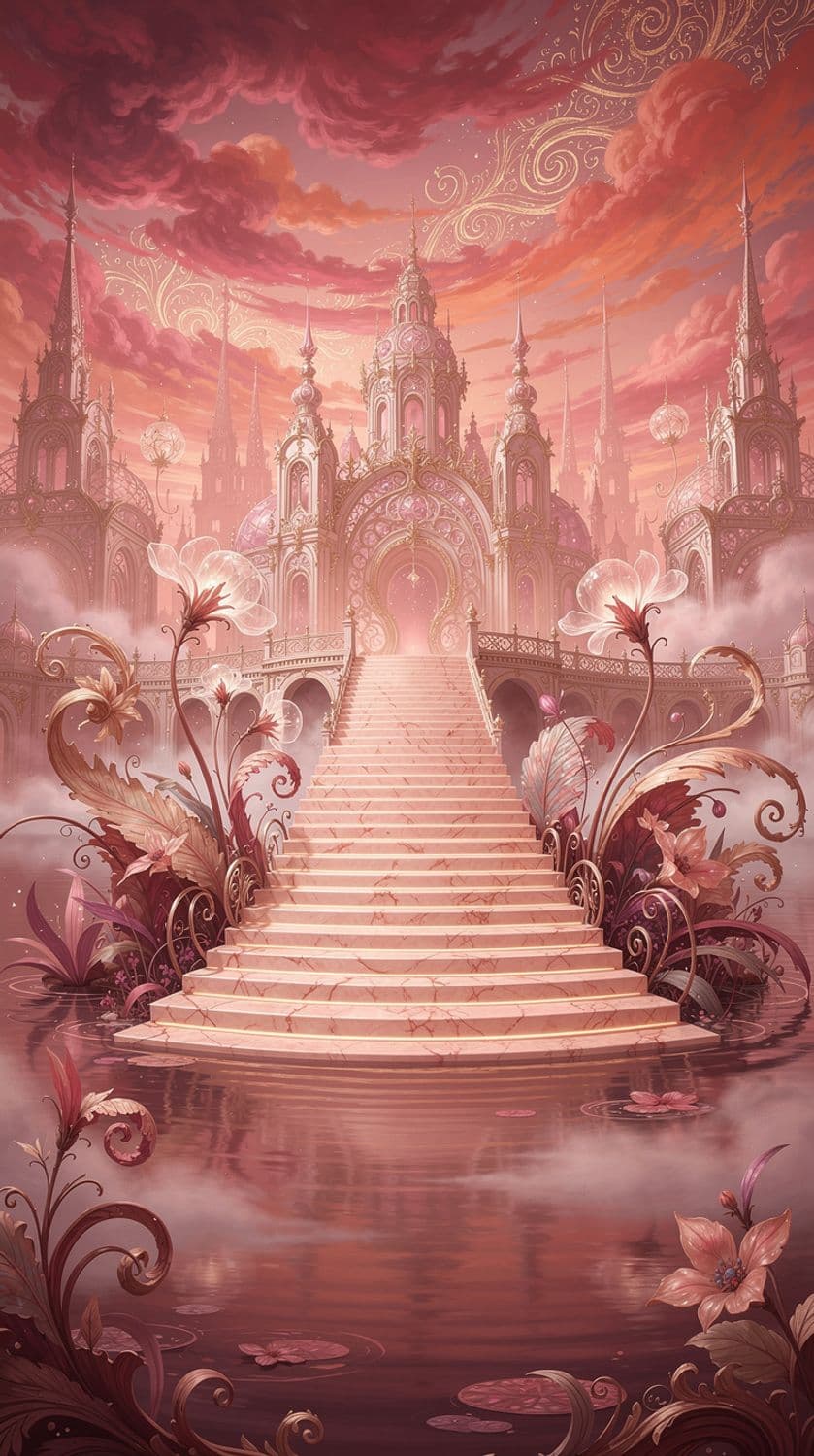 Pink and Red Surreal Landscape with Grand Staircase