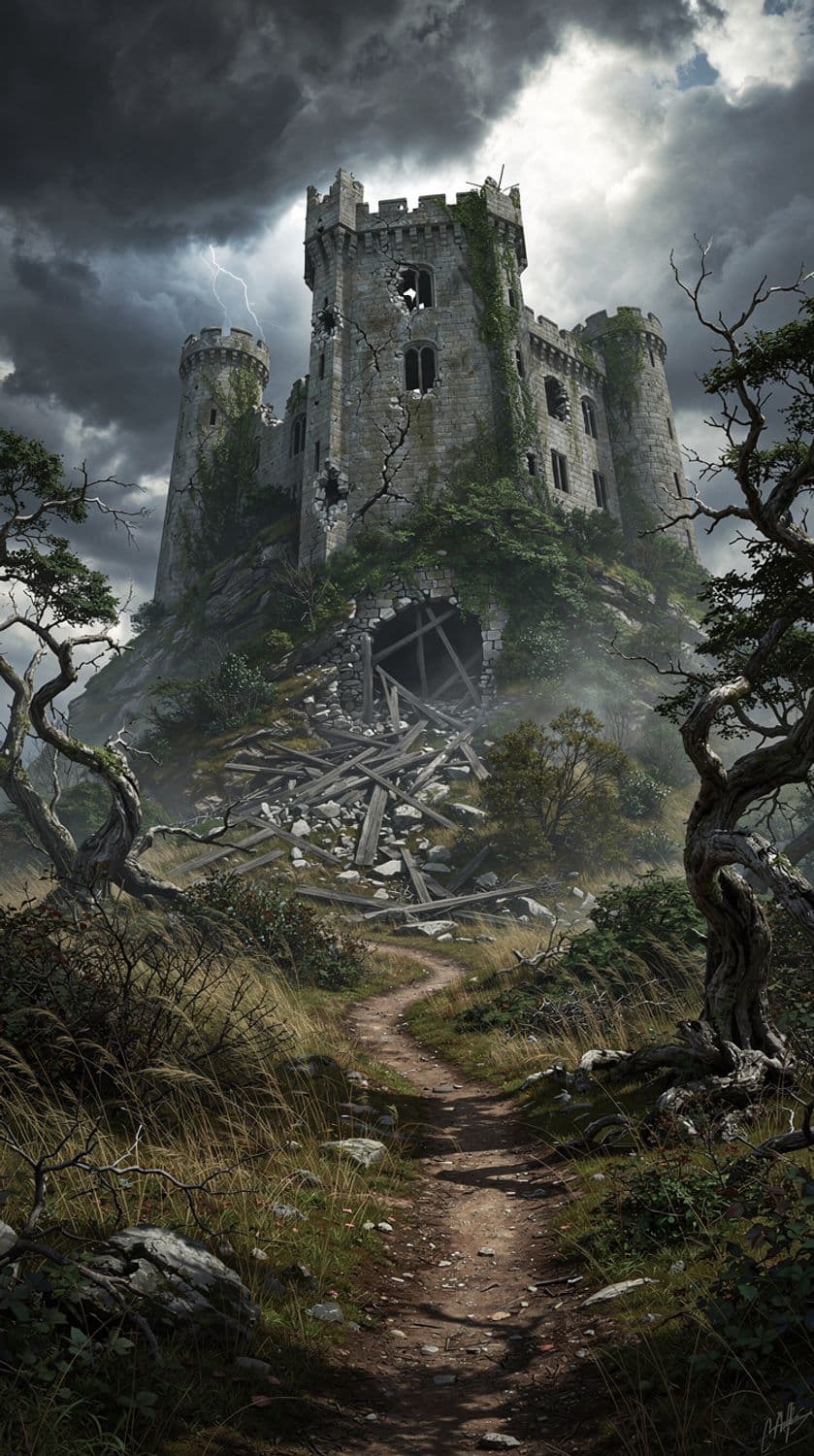 Derelict Castle on a Stormy Hill