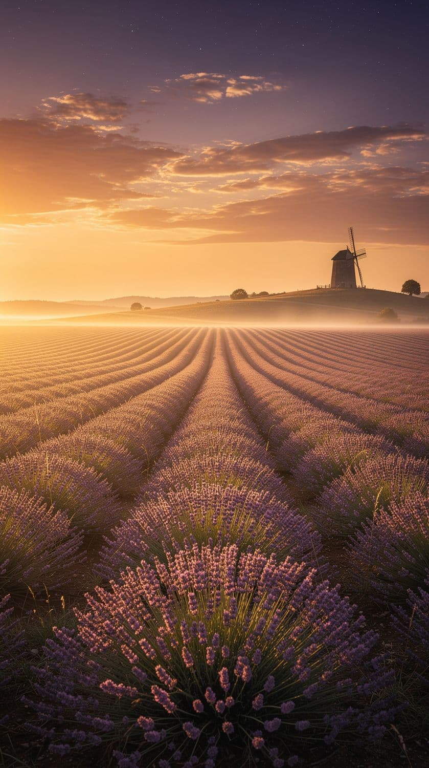 Golden Sunset Over Lavender Fields