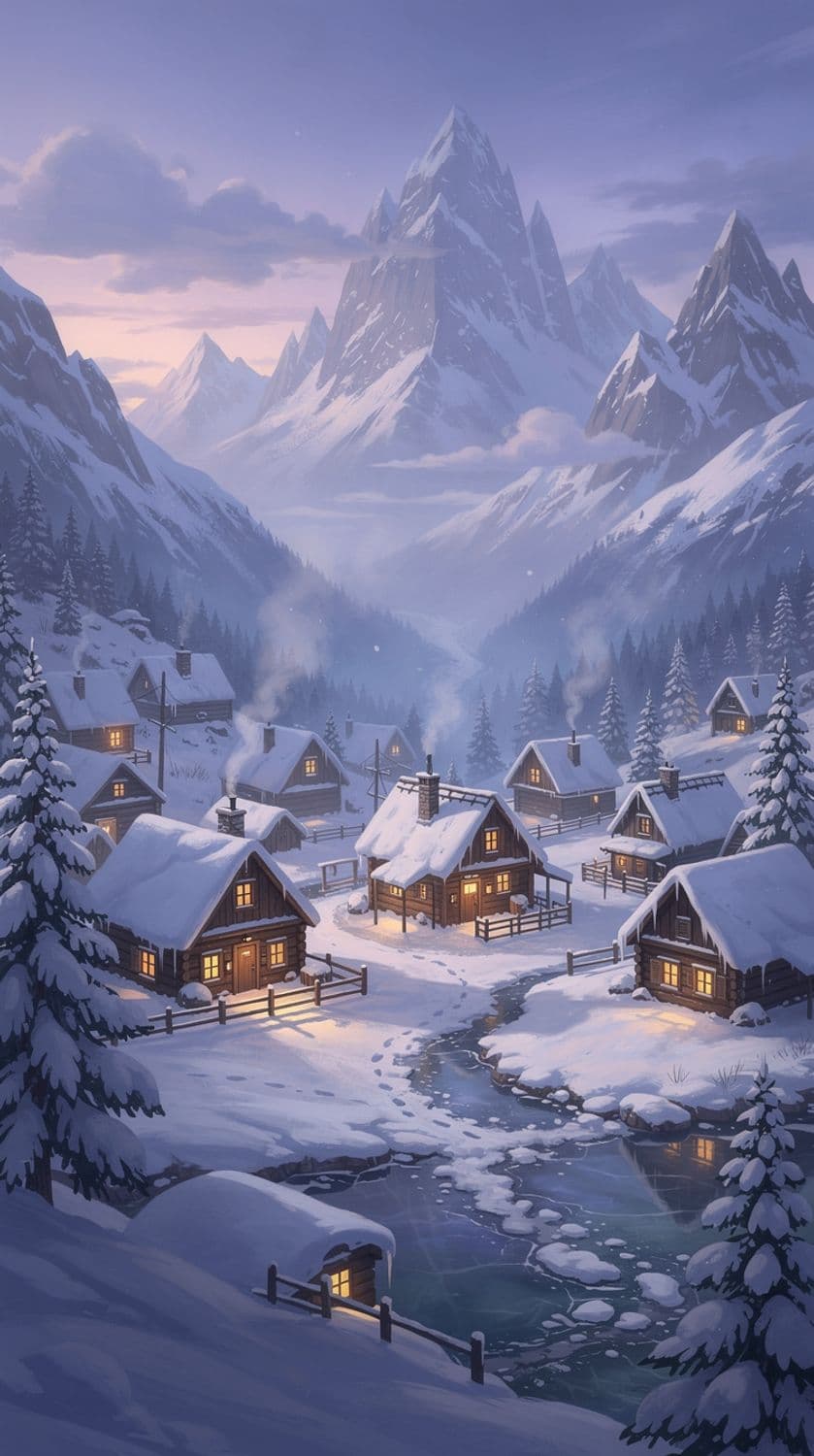 Dusk in a Snowy Mountain Village