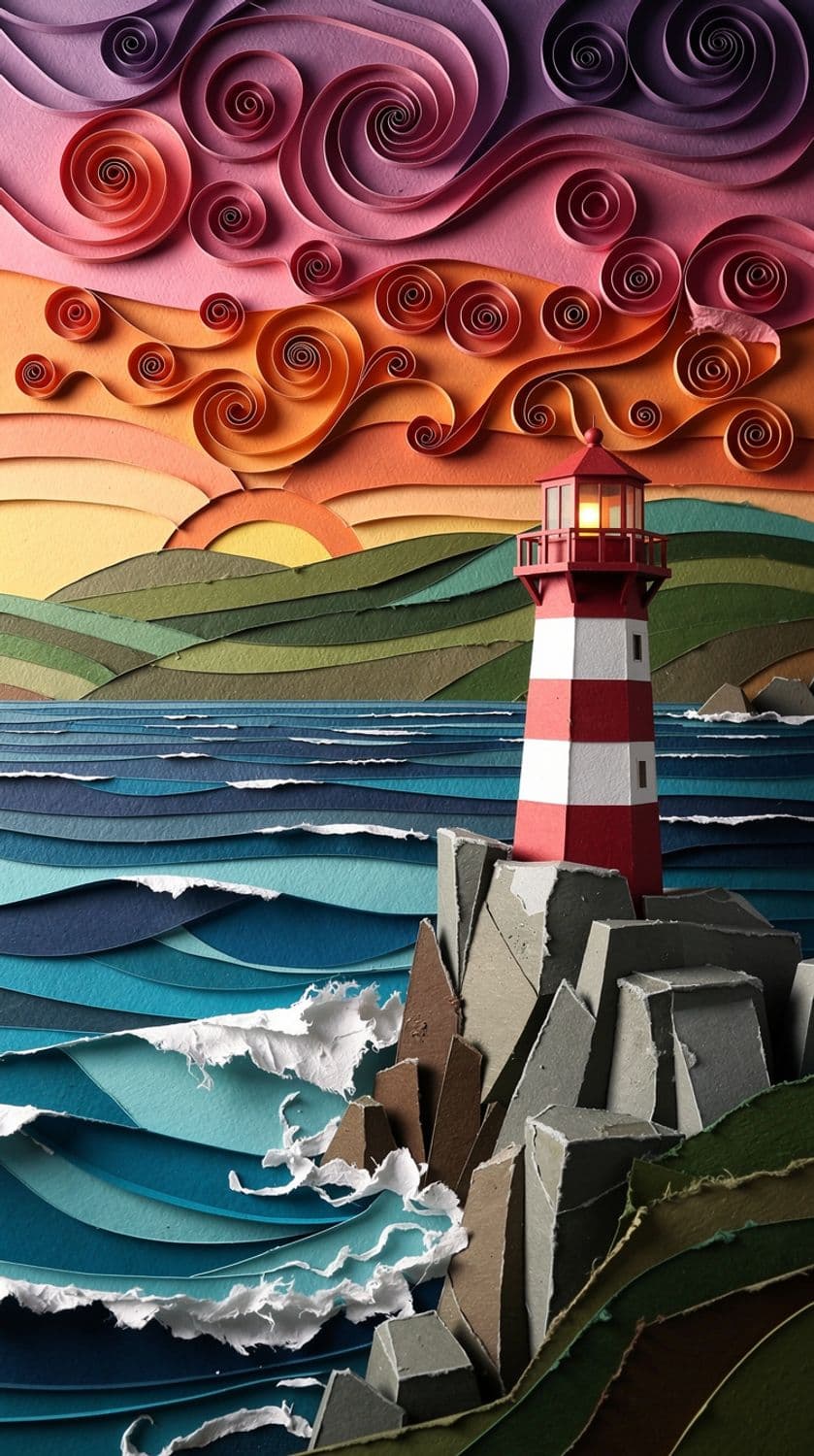 Coastal Sunset in Paper-Cut