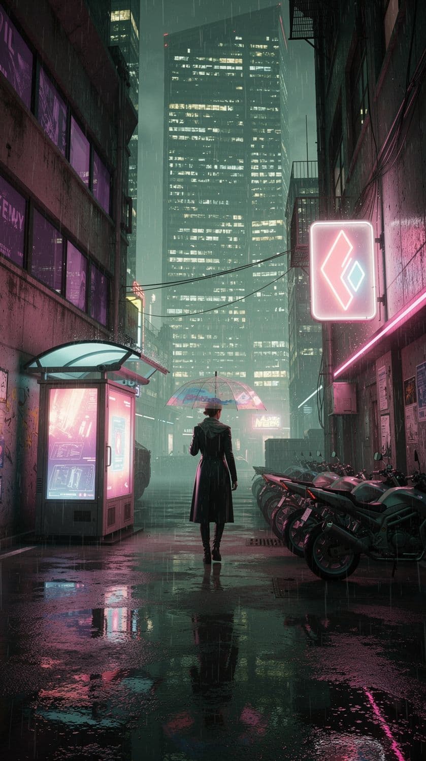 Cyberpunk Alley with Rain-soaked Streets