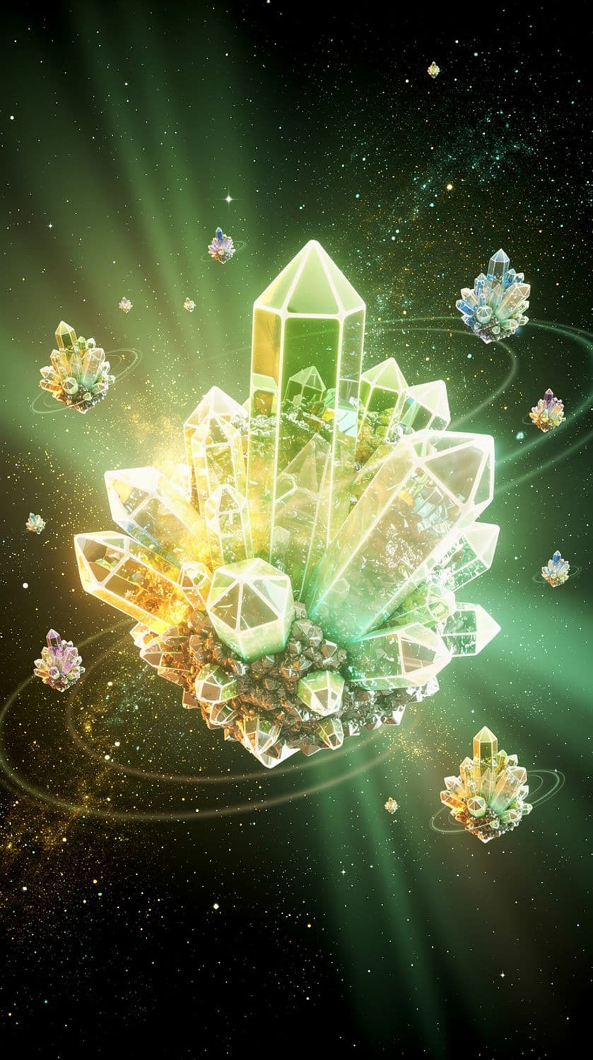 Luminous Green Crystal Cluster in Nebula