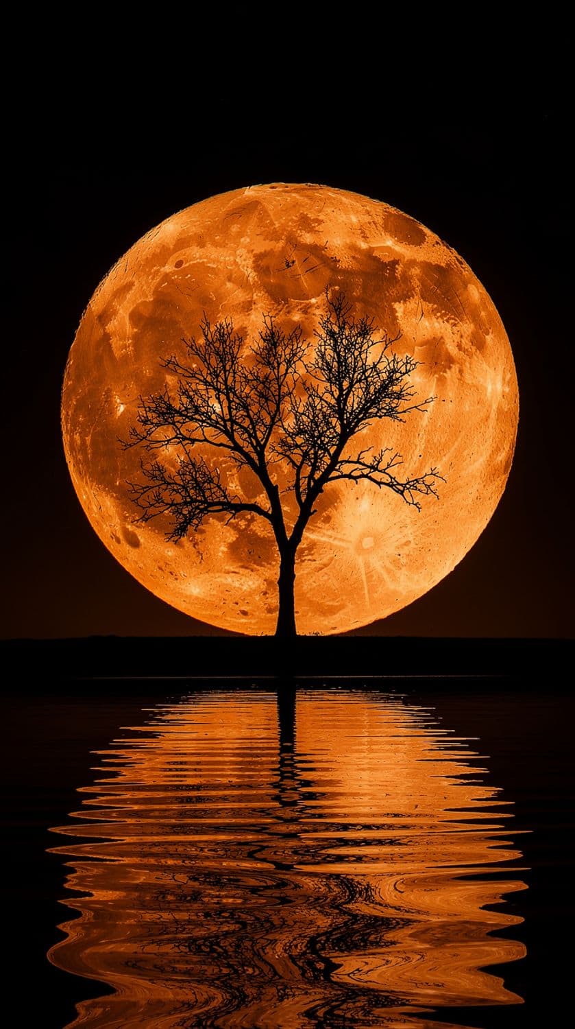 Silhouetted Tree and Orange Moon