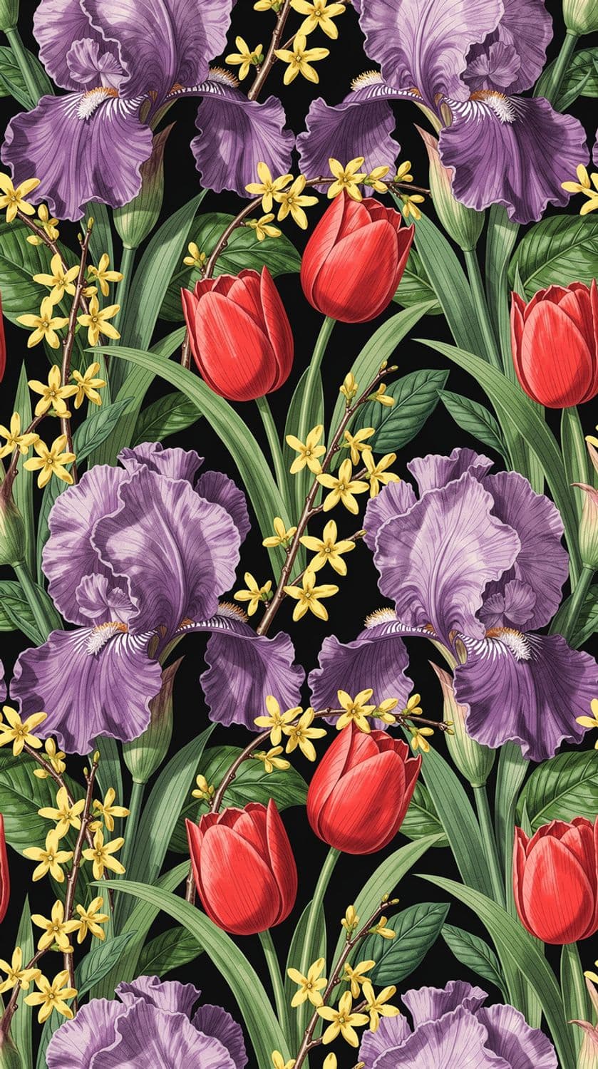 Purple Irises and Red Tulips