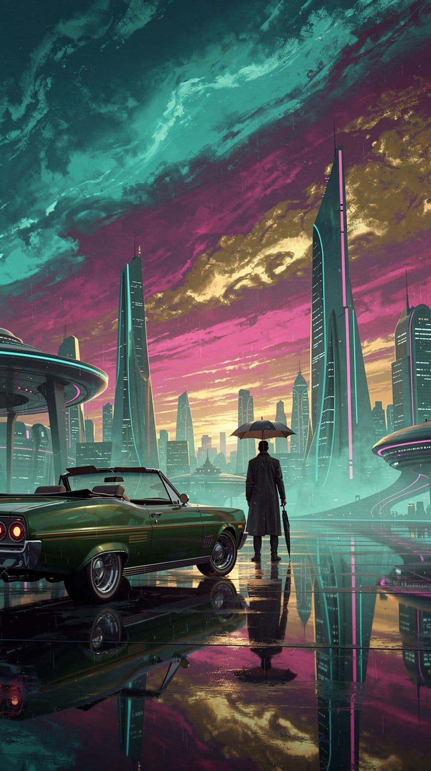 Retro-Futuristic Cityscape Under Turquoise Skies