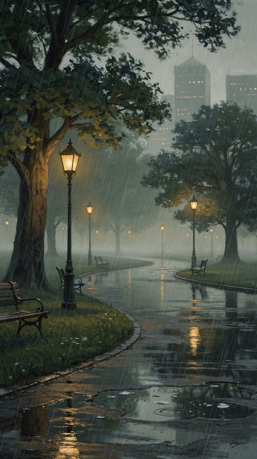 Rainy Evening in the Urban Park