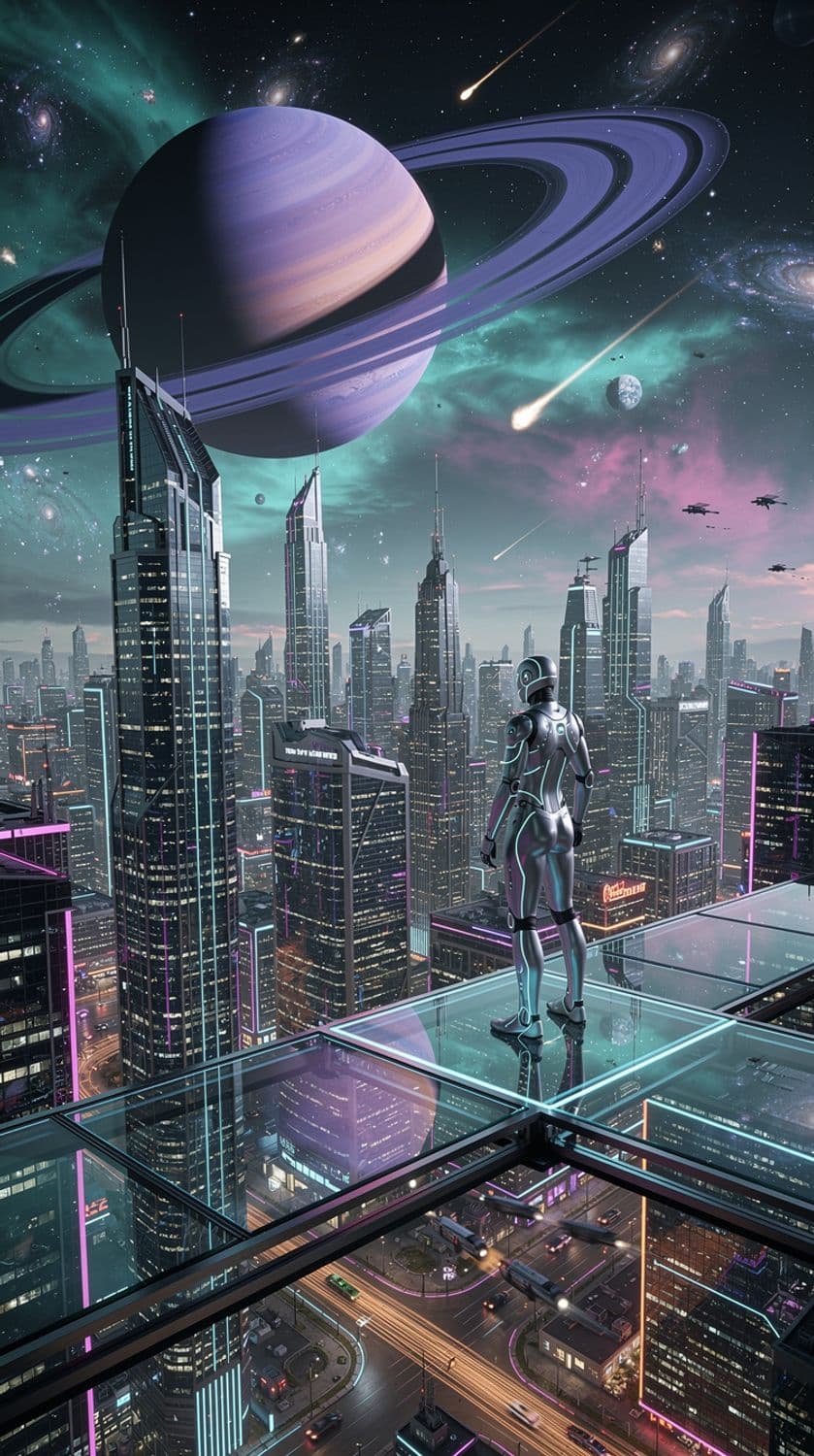 Futuristic Cityscape Under Cosmic Wonders