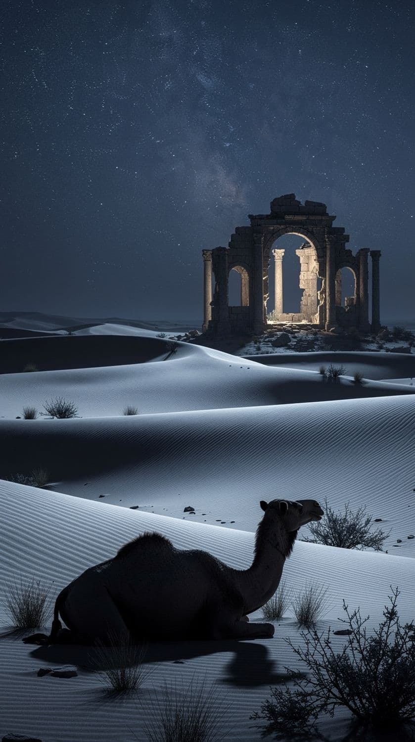 Moonlit Desert with Camel and Ruins