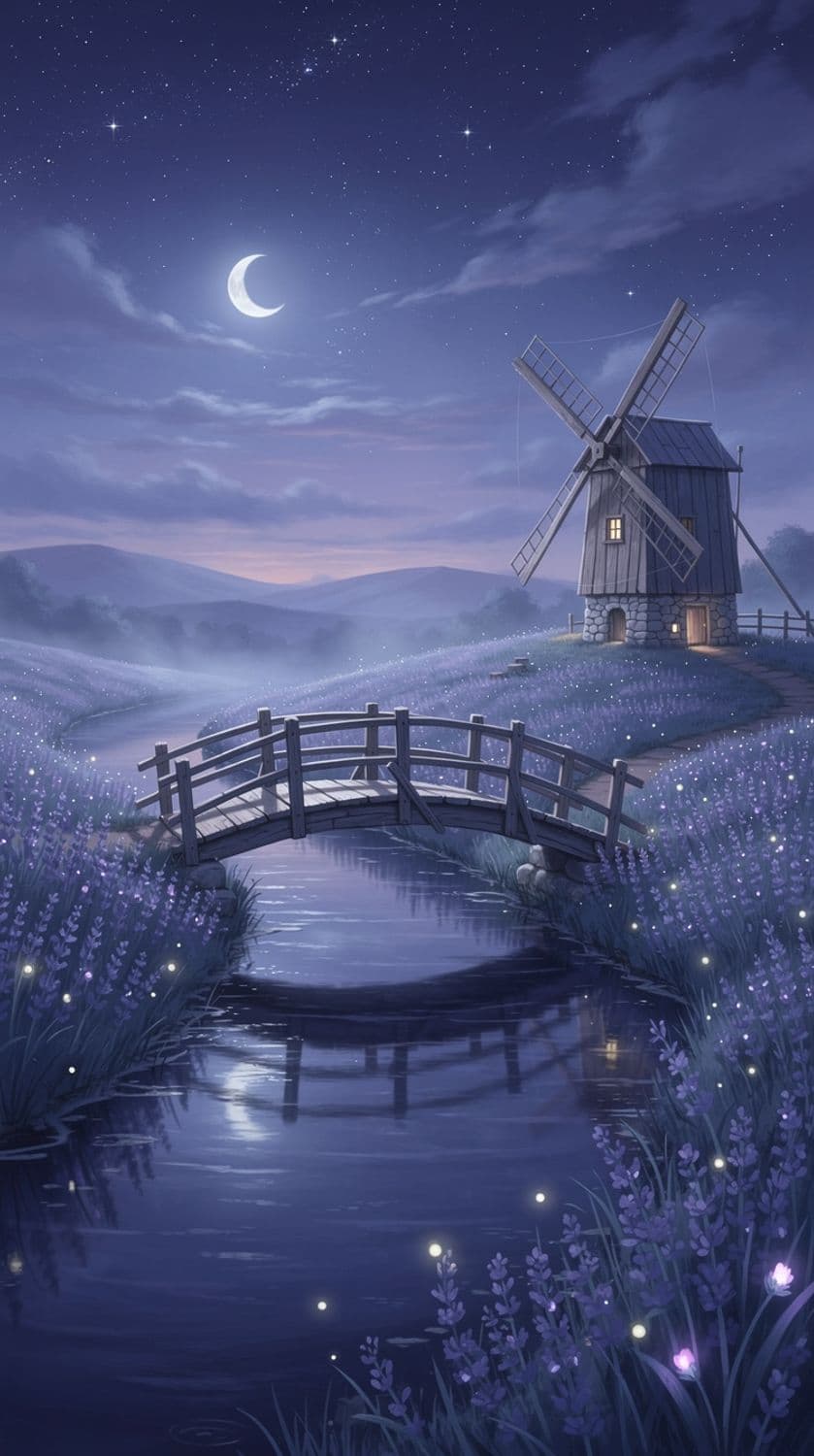 Moonlit River and Lavender Fields