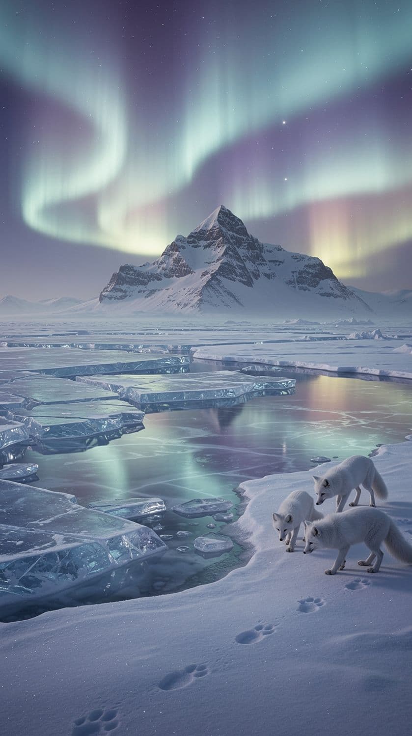 Arctic Foxes Under Aurora