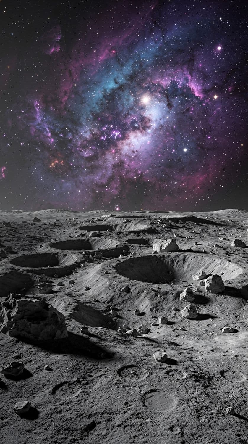 Nebula Over Cratered Moon