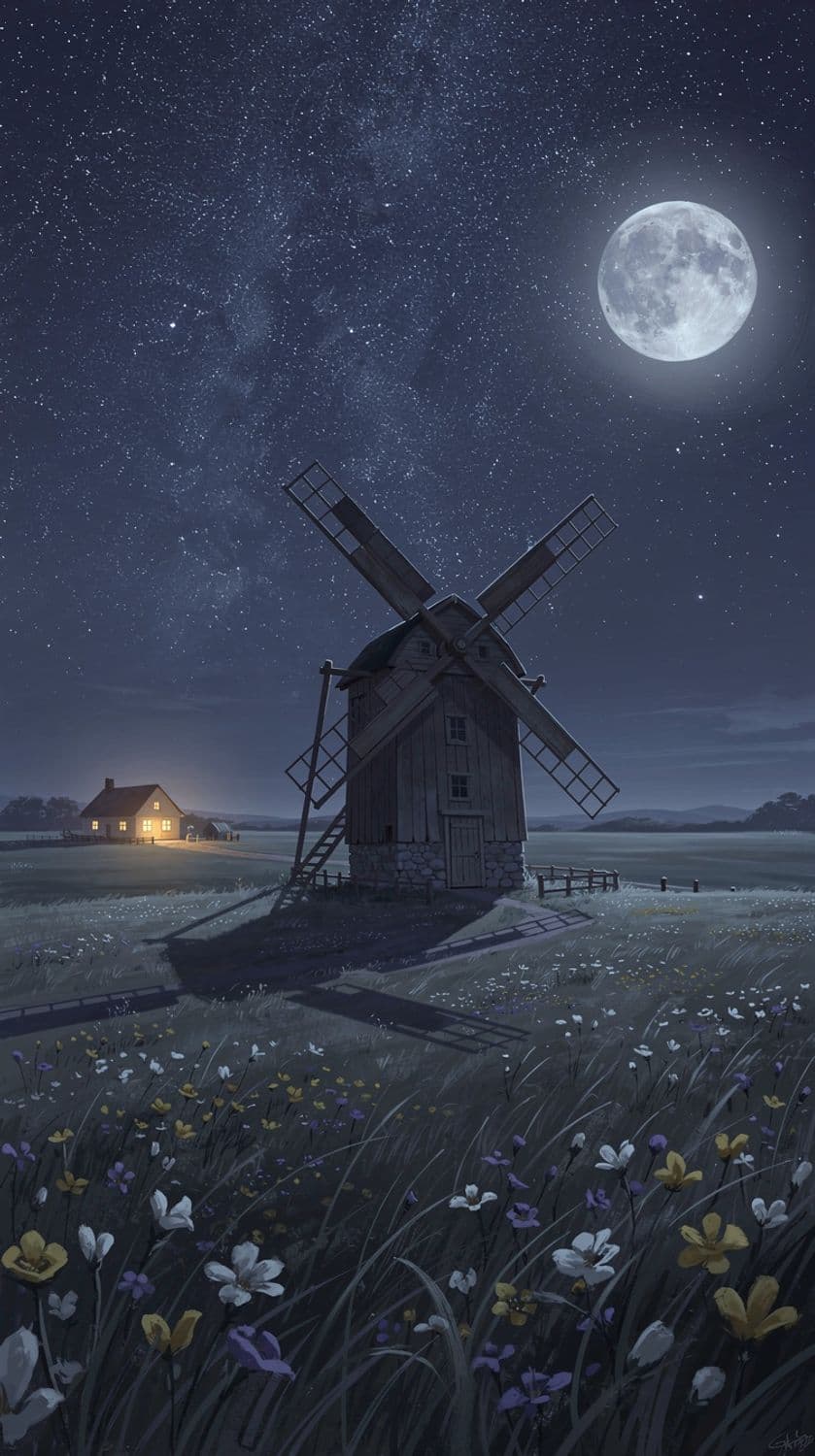 Windmill in Moonlit Field