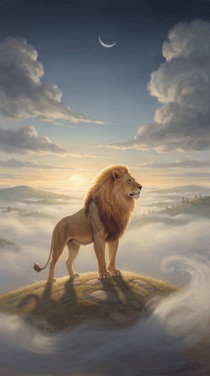 Golden Lion on a Misty Hill