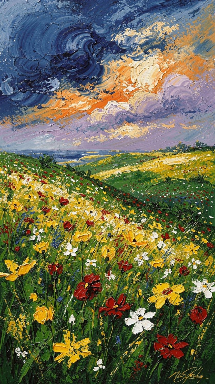 Vibrant Meadow Under Dramatic Sky