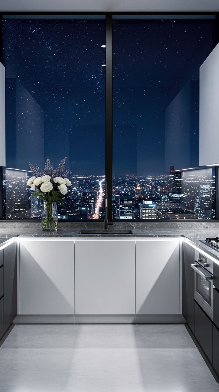 Starry Night Cityscape from a Modern Kitchen